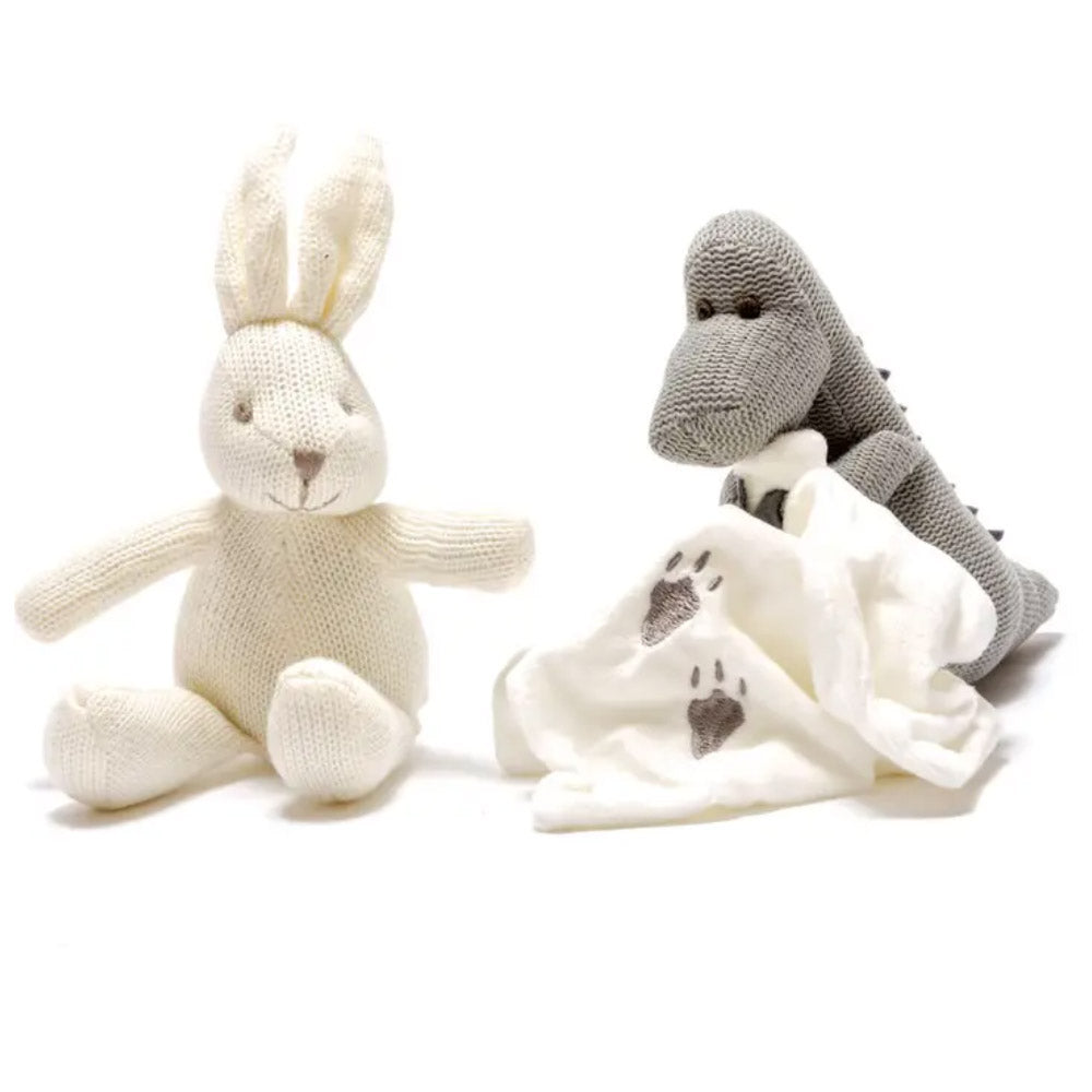 Knitted Grey Diplodocus Dinosaur With Comfort Blanket