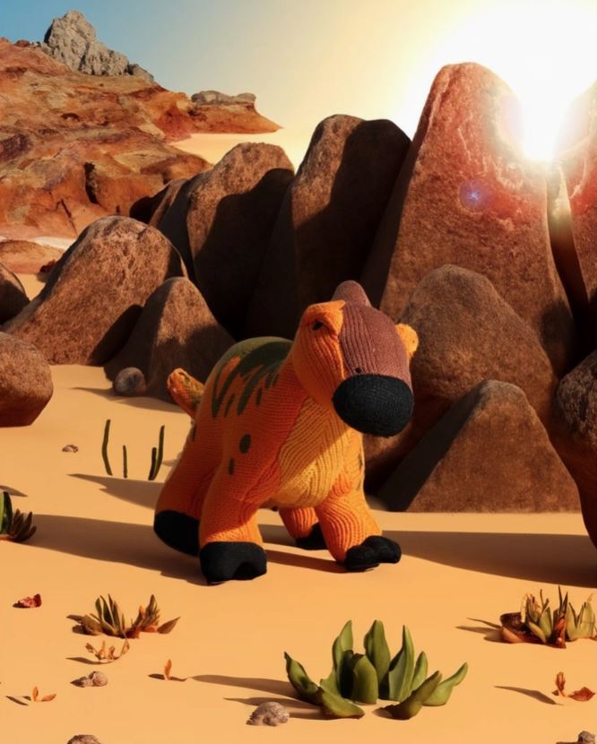 Knitted Parasaurolophus Dinosaur Baby Rattle Orange