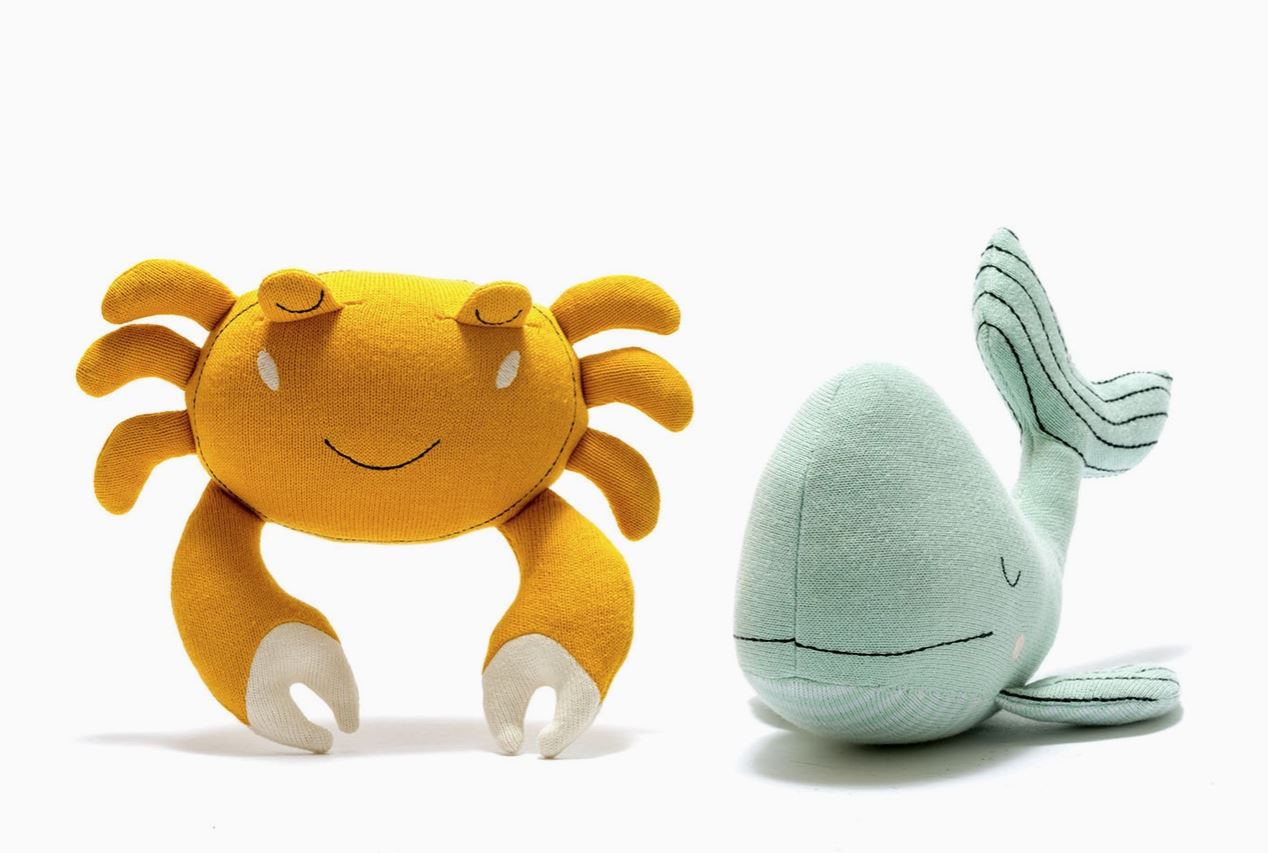 Tactile Crab Plush Toy Knitted Organic Cotton in Mustard