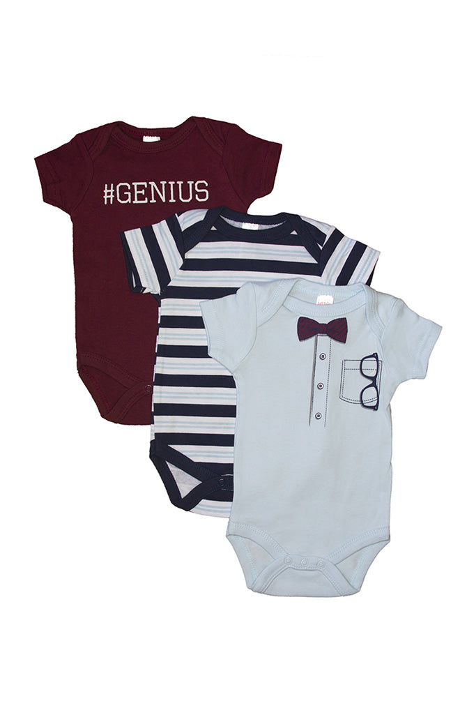 Short Sleeved 3 pack Assorted 'Genius' Themed Bodysuits