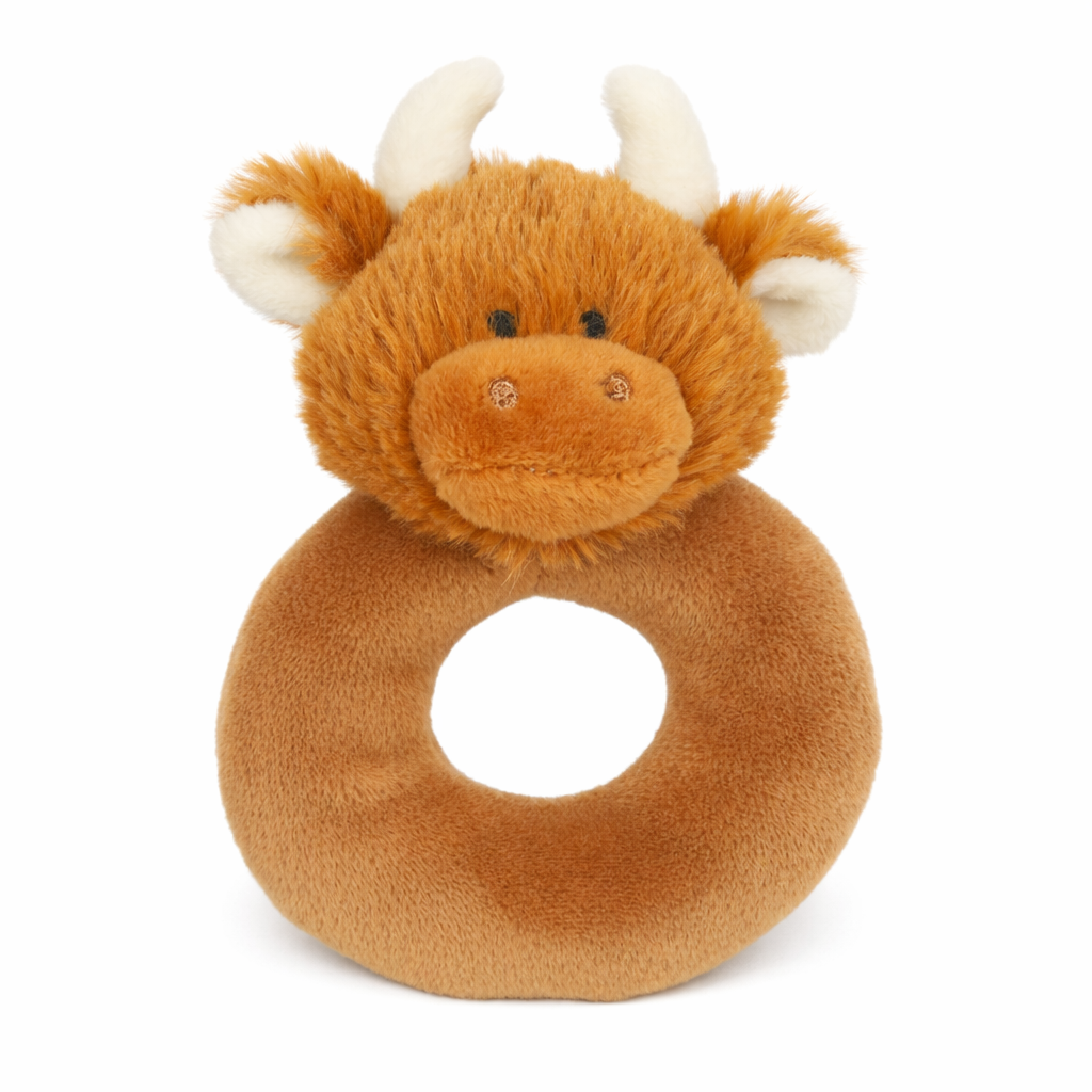 Scottish Highland Brown Cow Baby Plush Soft Toy Rattle - 10CM