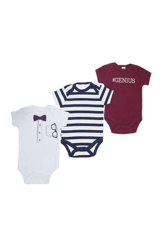Short Sleeved 3 pack Assorted 'Genius' Themed Bodysuits